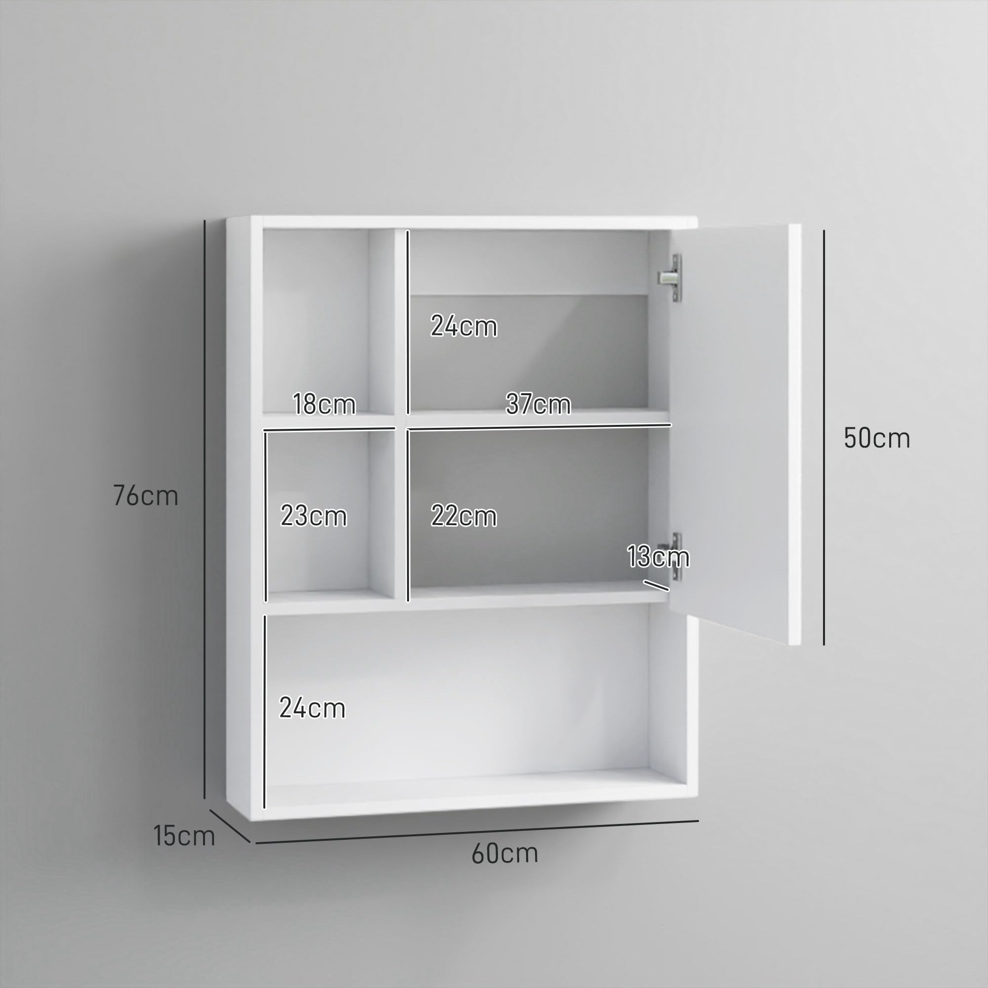 kleankin Armoire Murale Salle de Bain avec Porte Miroir, 60 x 15 x 76 cm, Meuble Salle de Bain, Armoire de Toilette, 5 Compartiments et étagère réglable, Blanc