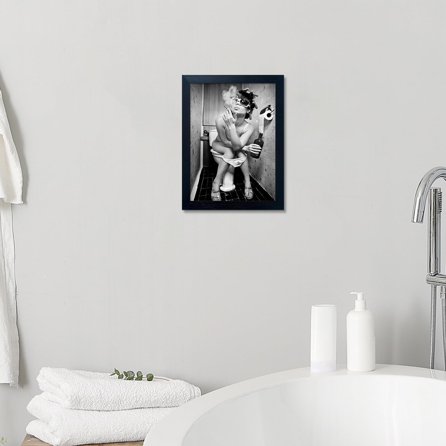 Black and White Bathroom Wall Art, Funny Bathroom Picture Wall Decor, Woman Smoking on the Toilet Wall Art, Girls Restroom Decor, Black Framed Canvas Print Artwork