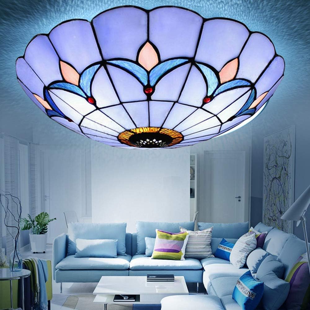 12'' Vintage Tiffany Ceiling Light Stained Glass Colorful Flush Mount Lighting Fixture 2 Lights Romance Style Hand-Made Lamp Fixtures for Bedroom Dining Room Bar Restaurant Hotel Cafe