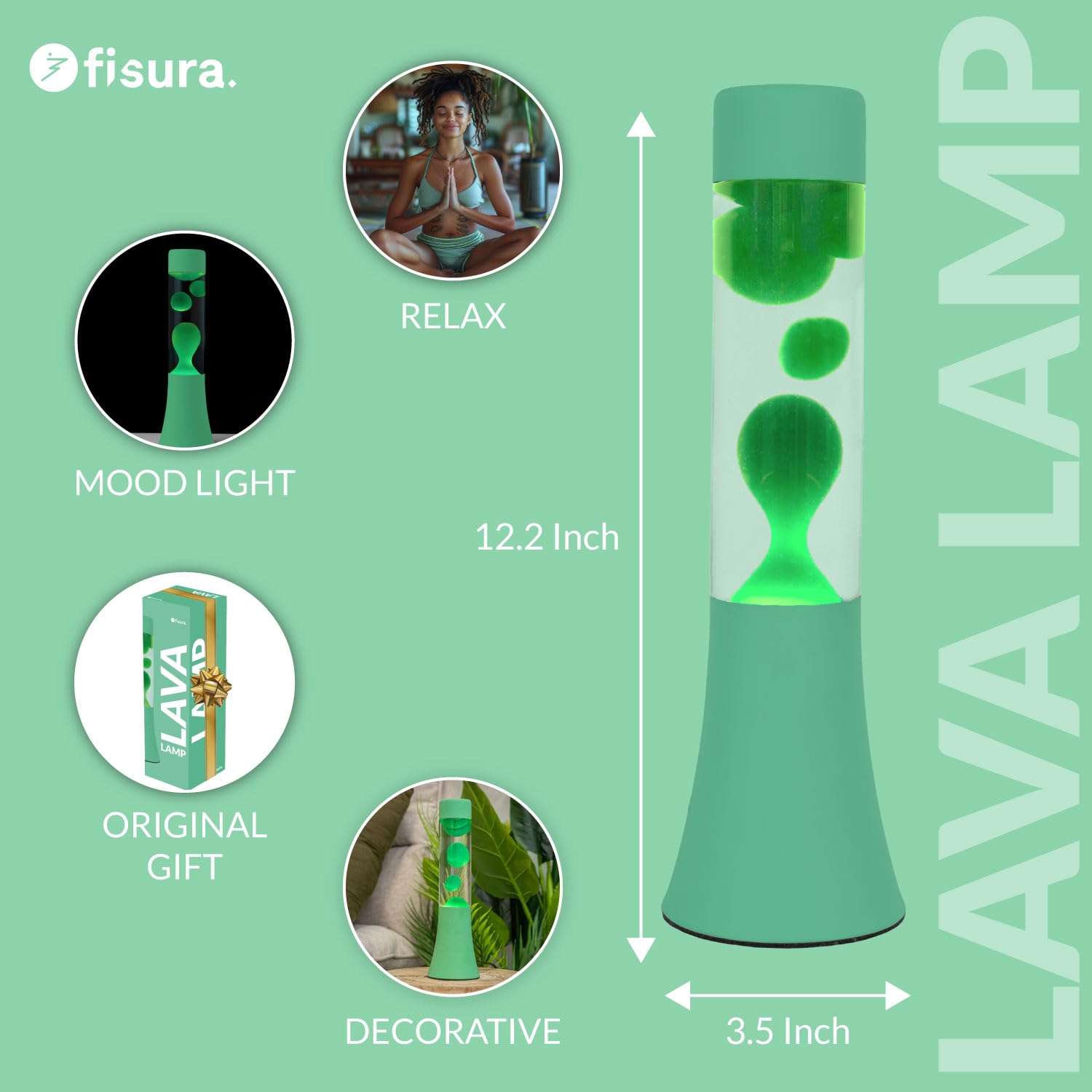 Fisura – Lampa z lawą w kolorze zielonym. Lampa lawowa o wysokości 30 cm z zieloną podstawą i lawą, przezroczysty płyn. Oryginalny prezent retro. 9x9x30 cm.