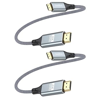 4K Short Mini HDMI to HDMI Cable 1FT 2-Pack, HDMI to Mini HDMI Cable Braided Cord for Portable Monitor 4K@60Hz/2K@120Hz/1080P, 18Gbps, HDR, ARC for Camcorder, Camera, Laptop, HDTV