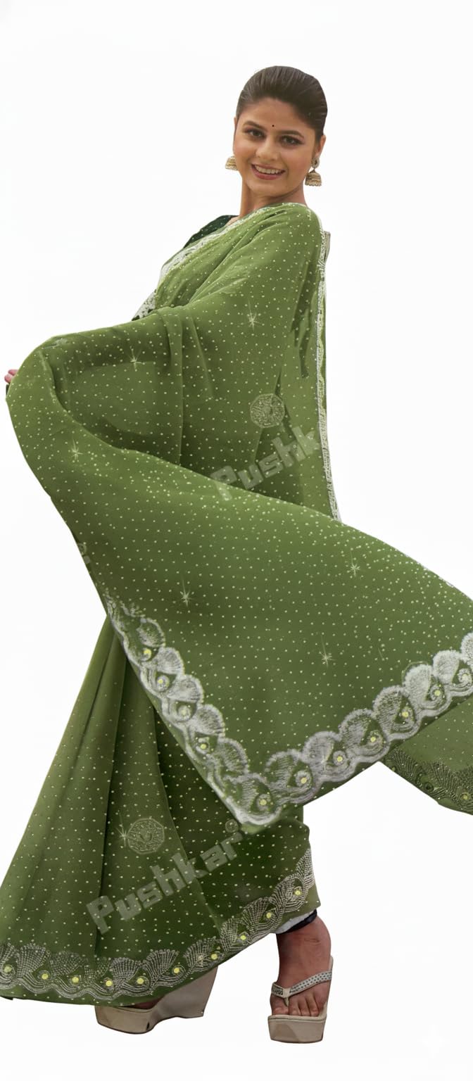 Elegant Green Georgette Saree with Embellished Border, Sparkling Motifs, Premium Fabric with Unstitched Blouse-image-23