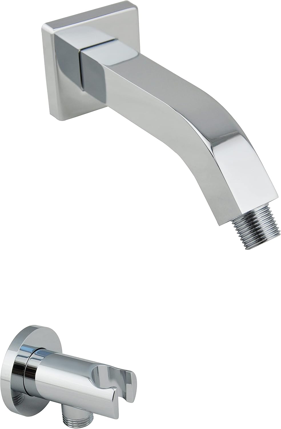 Aquaiaw Shower Arm and Wall Supply Elbow Bundle, 6 inch Square Wall Mount Shower Arm with Anti-Scratch Flange, Round Wall Union with Handheld Shower Head Holder, Both Solid Brass and Polished Chrome