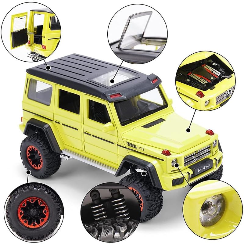 Image of New 1:32 AMG 4X4 Diecast Alloy Metal Pull Back Car with Openable Doors Music Sound and Light Vehicle Toy Car for Kids Boys (Yellow)