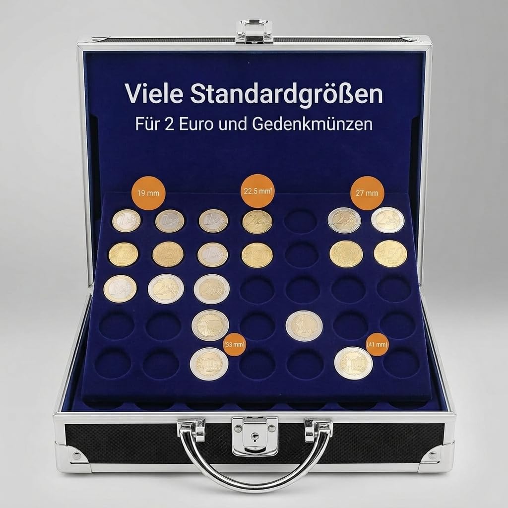SAFE 9801 Valigia porta monete collezione in alluminio | con 6 vassoi per 200 monete di diverse dimensioni | Per 2 euro commemorativi, monete euro da collezione