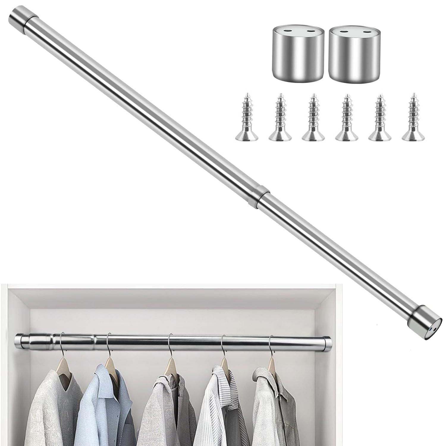 Wardrobe Rail, 31cm-52cm Extendable Clothes Hanging Pole, Stainless Steel With End Sockets & Screws for Wardrobe, Shower, Balcony, Windows