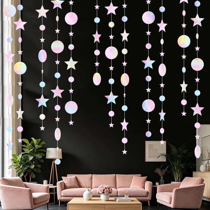 Image of Iridescent Pink Party Decoration Iridescent Pink Star Circle Dot Hanging Garland Streamer Decorations Glitter Star Bunting Banner Twinkle Backdrop for Wedding Baby Shower Birthday Christmas