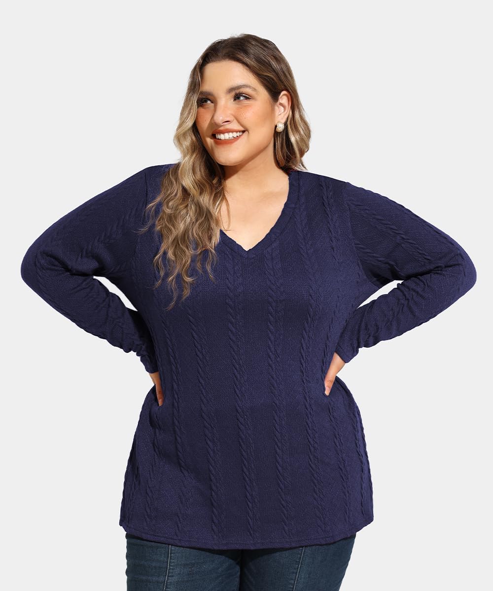 RITERA Plus Size Sweaters for Women Long Sleeve V Neck Cable Sweatershirts Fall Pullover Knitted Tops Oversize XL-5XL 14W-28W - Image 2