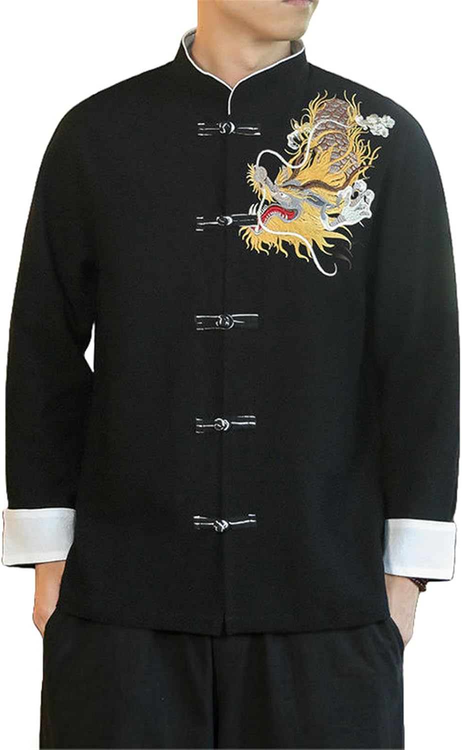 Men's Spring Autumn Chinese Style Cotton Linen Vintage Trendy Chest Dragon Embroidery Casual Long Sleeve Shirt