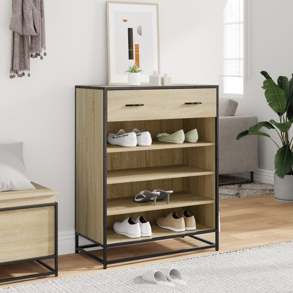 Szafka na buty dąb Sonoma metal 75 x 38 x 97,5 cm z 4 półkami i szufladą, zajmuje mało miejsca do korytarza, korytarza, sypialni, garderoby, zamknięta półka na buty