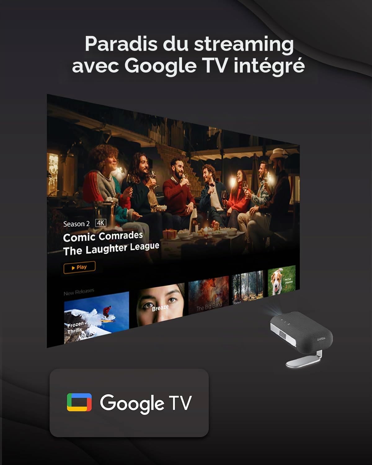 ViewSonic M1 Max Projecteur LED intelligent portable, Full HD 1080p, Google TV, projection 360°, 200 ANSI lumens, batterie intégrée avec 2 heures de temps de lecture, mise au point automatique