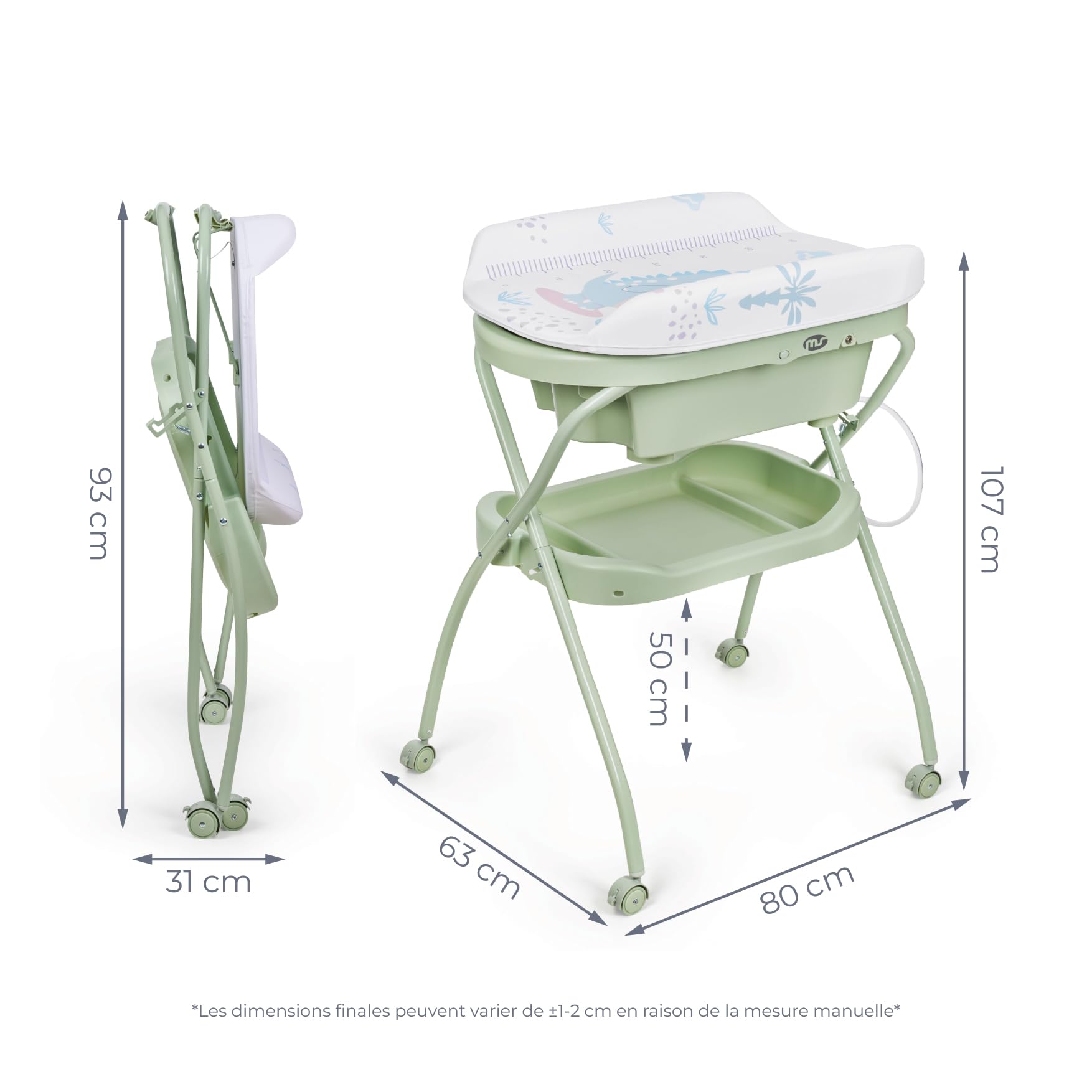MS BabyWorld Bubble + Réducteur – Baignoire ergonomique pour bébé avec pieds et matelas à langer imperméable et rembourré | Fermeture compacte, organiseur, 4 roulettes avec freins (Vert/Blanc)