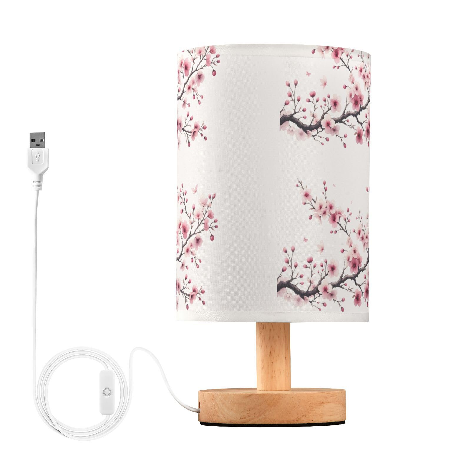 Mnsruu Bedside Table Lamp Pink Cherry Blossoms Flower Bedside Lamps LED Light Desk Lamp Fabric Shade Small Lamp for Bedroom Living Room (Bulb Included)