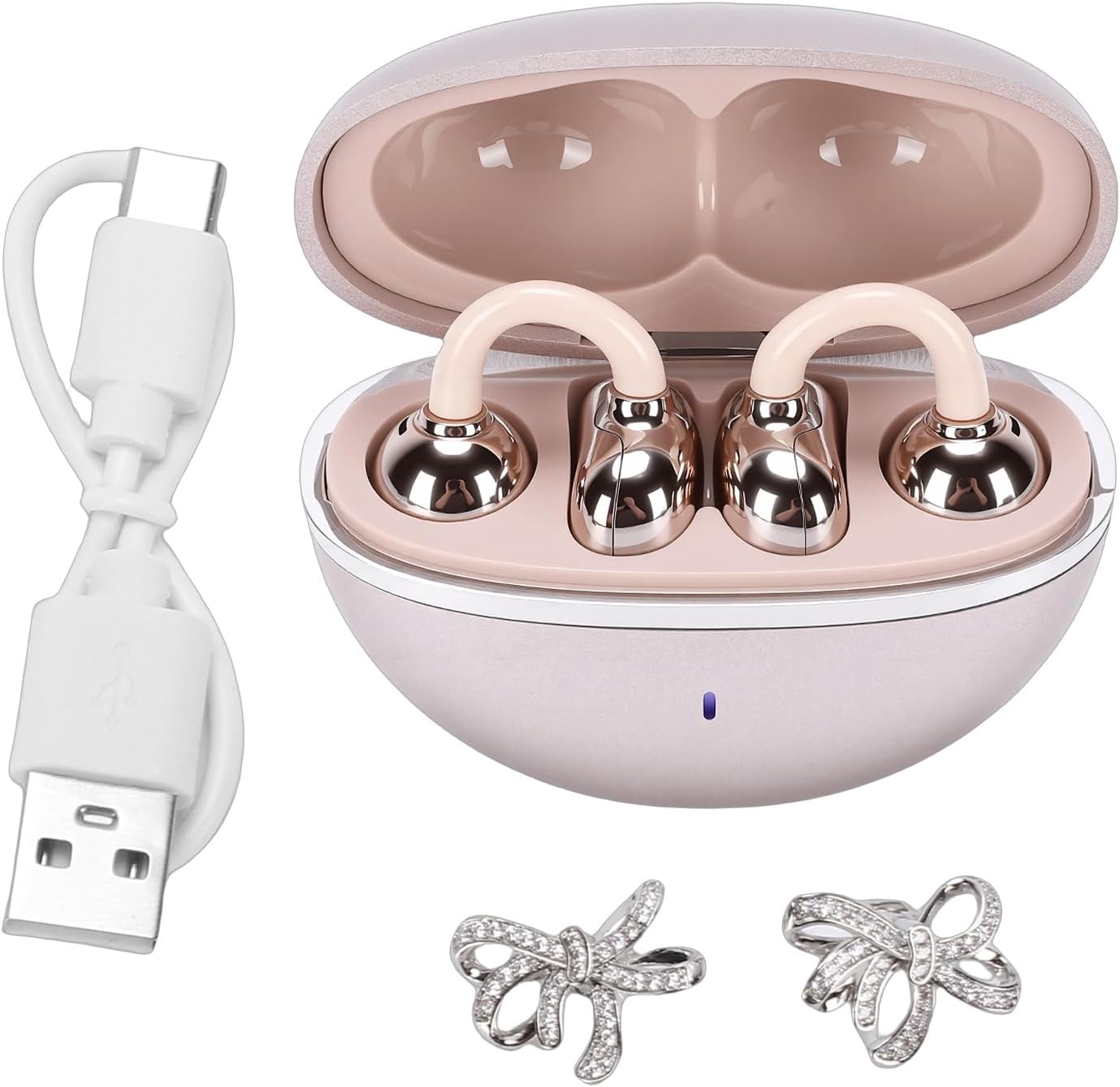 Jiawu Bluetooth Earphones, Clamp On Earbuds Wireless Bluetooth 6.0 with Rhinestone Bowknot Accessory, 4H Playtime, for Women Sports Workouts Running