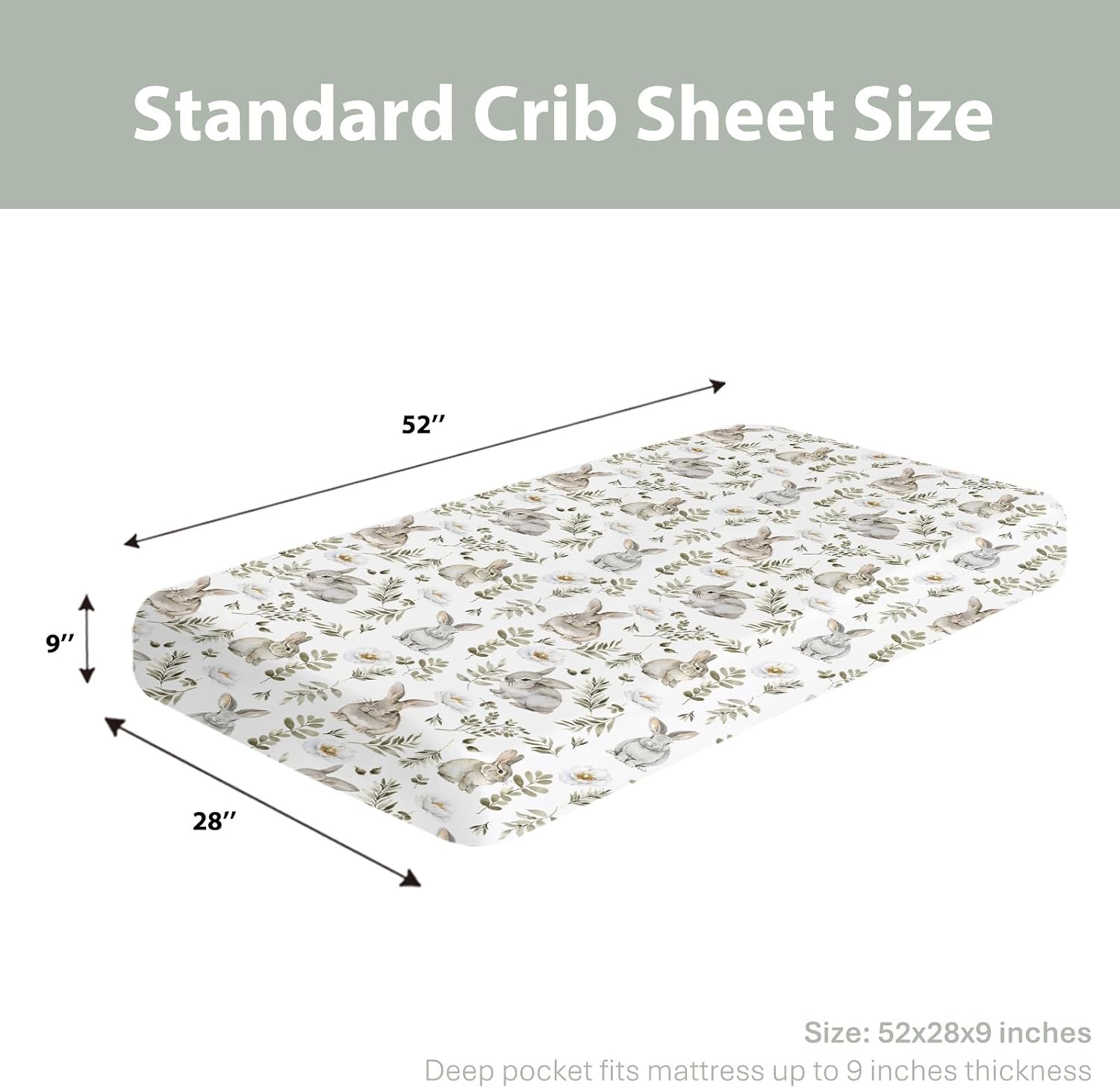 Watercolor Bunny Leaves Baby Crib Sheets for Boy Girl 52"x28" Spring Rabbits Flowers Soft Snug Fitted Crib Mattress Cover Animal Nursery Baby Sheet for Standard Crib & Toddler Bed Mattress