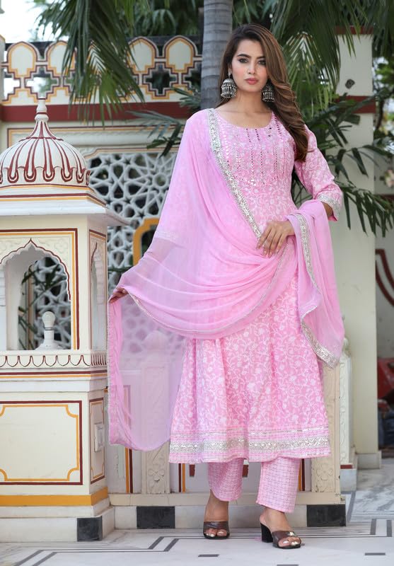 Image of NASRO Women's Viscose Rayon Printed Embroidered Round Neck 3 /4th Sleeves Anarkali Kurta & Pant Suit Set /Salwar Suit Set (Purple)