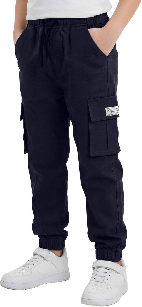 TLAENSON Boys Cargo Pants Cotton Elastic Waist Casual Jogger 6-16 Years | Durable Cotton Twill, 6 Multiple Pockets, Camo and Solid Style, Elastic Waistband, Outdoor Activities, School & Casual Wear