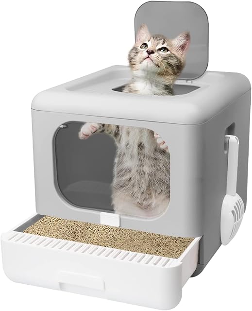 FAYDUDU Cat Litter Tray Enclosed Cat Litter Box with Front Entry & Top Exit XXL Extra Large Space Toilet Boxes with Lid and 4 Filter Cotton Easy to Clean Drawer Type Litter Pan with Scoop (GRAY)