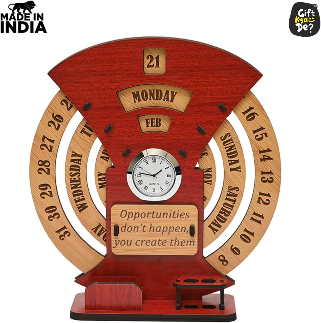 GKD Calendar of lifetime, calendar 2025 desk organizer round table calendar and pen stand with clock wooden premium antique look for office decor,corporate gifts (Red Eco friendly)
