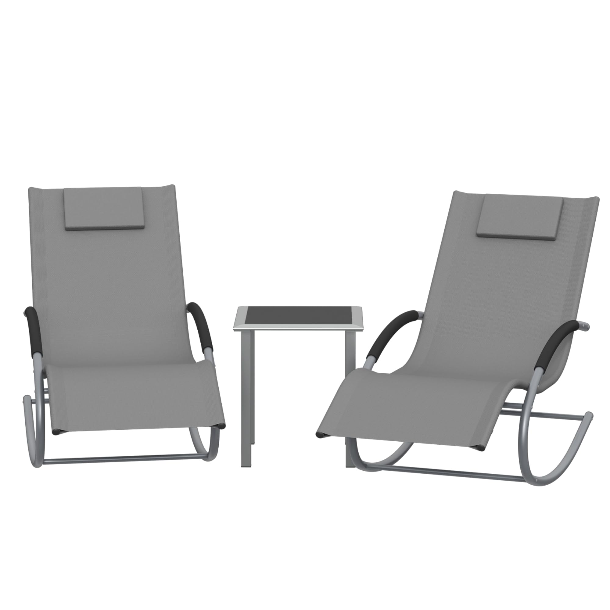 Garvee Conjunto de 2 Tumbonas de Jardín y Mesa Auxiliar, Muebles de Exterior de Hierro Transpirable con Almohadas, Hamacas Reclinables para Terraza, Patio, Balcón y Piscina, 190x58x30 cm Gris