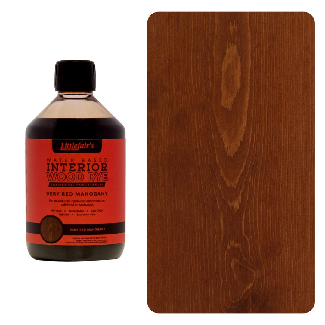 Littlefair's Wood Stain Water Based - 500 ml - Indoor Furniture Stain Light & Dark Finishes - Special Non Toxic & Eco Friendly Formula - Wood Stain for Crafts - Color: Very Red Mahogany