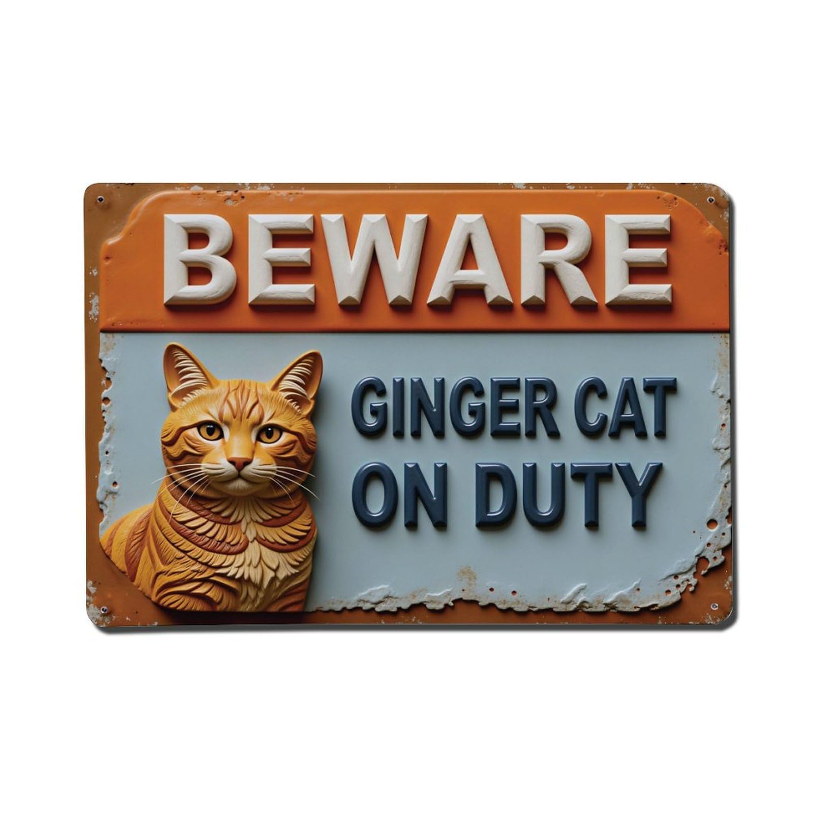 Beware Ginger Cat On Duty Vintage Metal Sign Vintage Aluminium Metal Sign, Retro Wall Decor for Home, Bar, Garage & Farmhouse 20x30cm