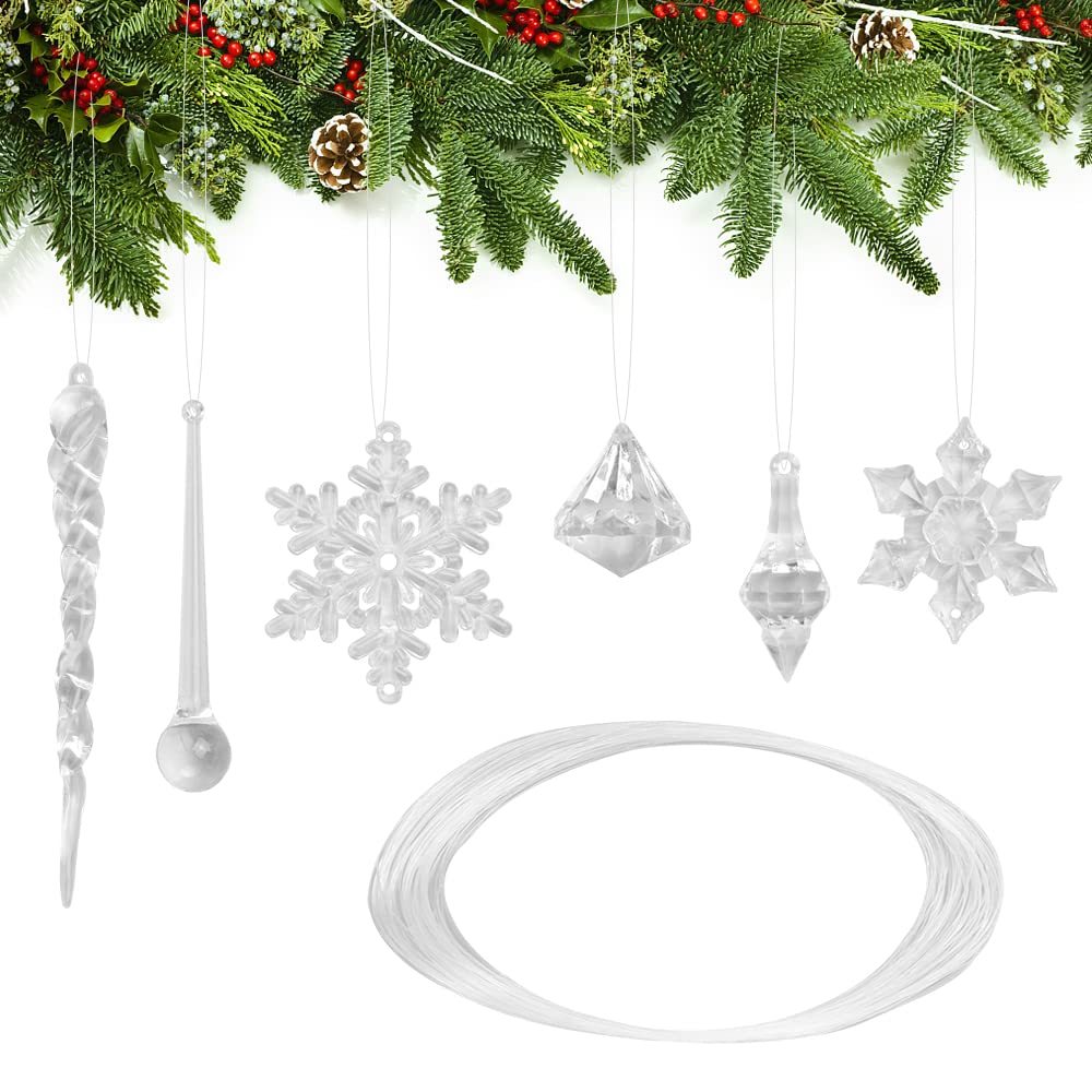SNAGAROG 68 Pcs Christmas Icicle Decoration Acrylic Crystal Christmas Snowflakes Icicles Transparent Twisted Icicles Clear Snowflake Acrylic Christmas Ornaments Clear Icicle Pendant for Xmas Decor