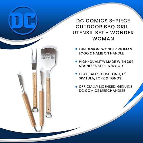 Miniatura 6 de DC Comics Wonder Woman - Juego de utensilios de barbacoa de 3 piezas para exteriores, incluye espátula, tenedor y pinzas de acero inoxidable con