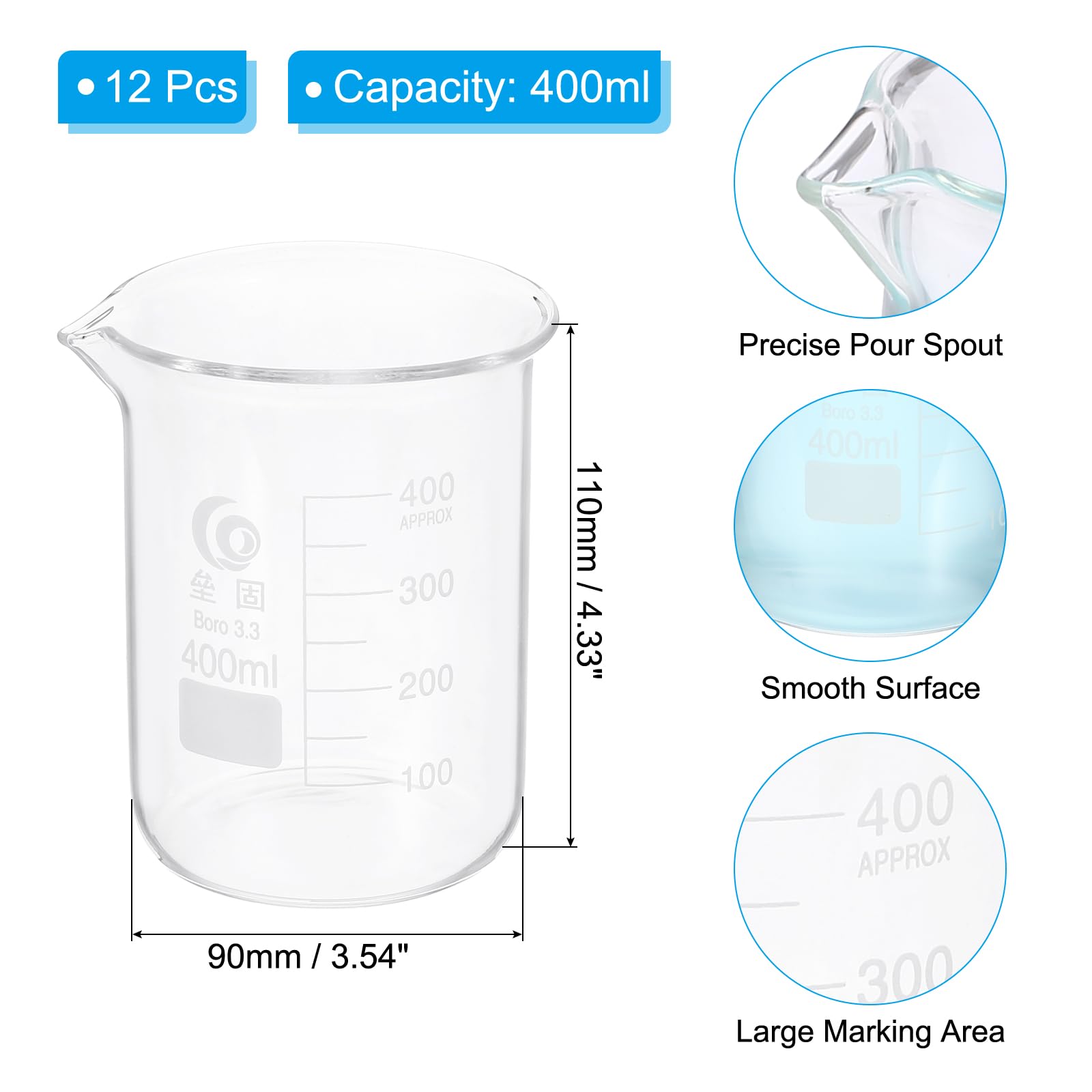 PATIKIL 400ml Vaso De Vidrio Bajo, 12Pcs 3.3 Vasos De Vidrio Borosilicato Taza De Medición Graduada Con Pico Para Experimentos De Laboratorio, Cocina Y Repostería, Transparente