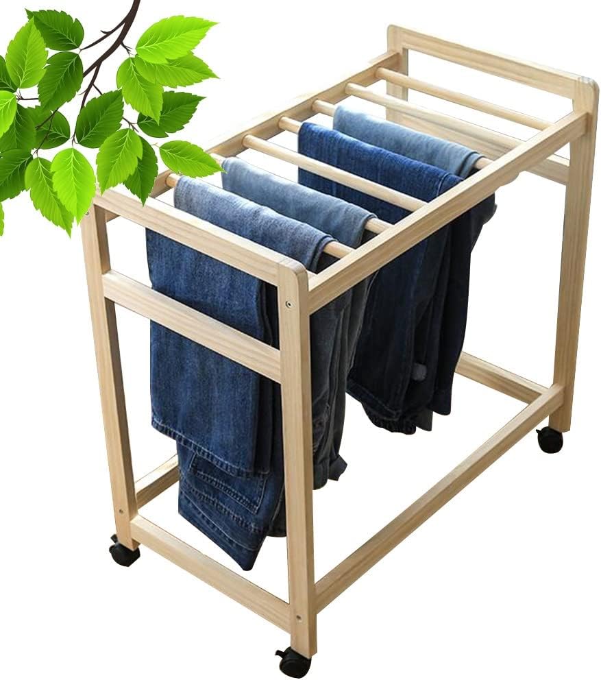 Wooden Pants Hangers for Men, Pants Organizer Rack for Small Space Closet Clothes Hangers for Jeans Tie Scarf with Wheels Space Saving for D,Natural-74.5x43x75.5cm