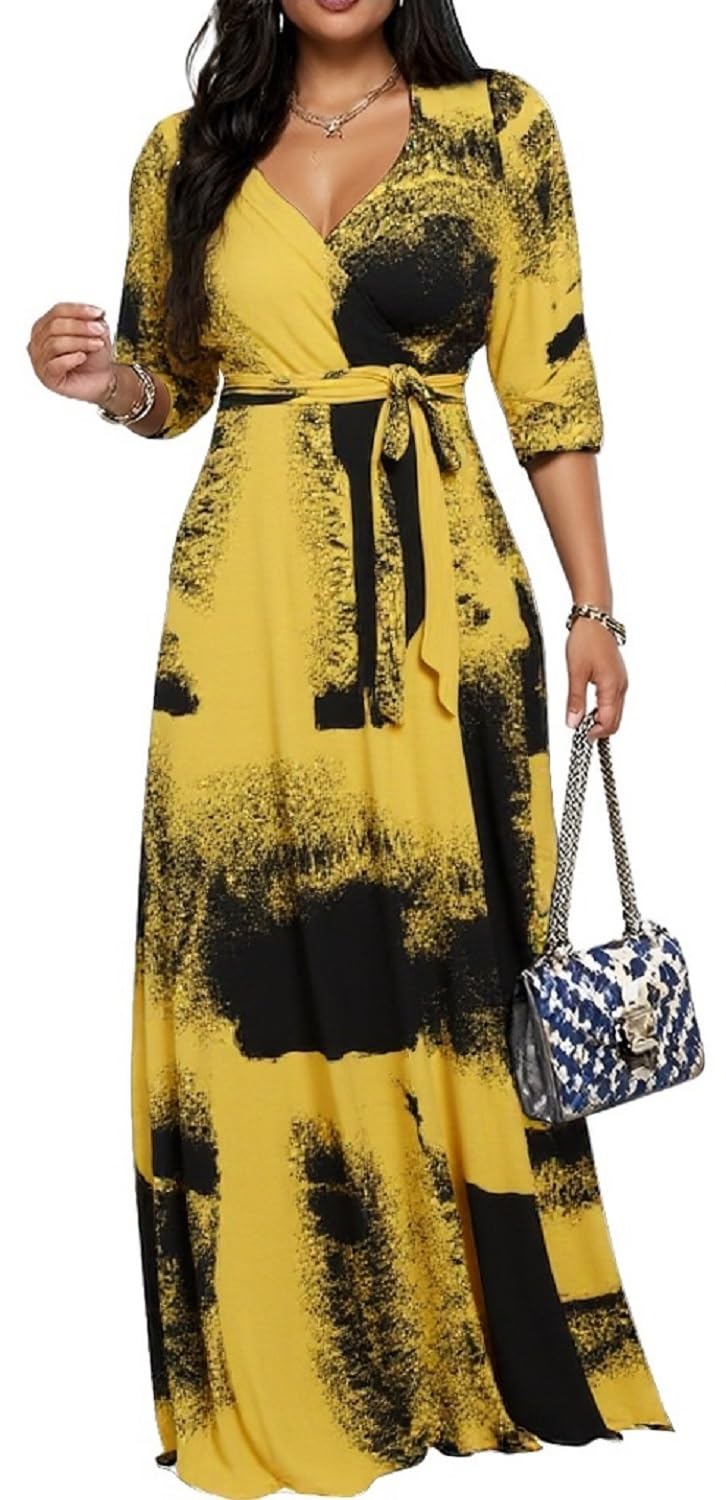 Women's Church Maxi Wrap V Neck 3/4 Sleeve Tie Waist Plus Size Long Dress