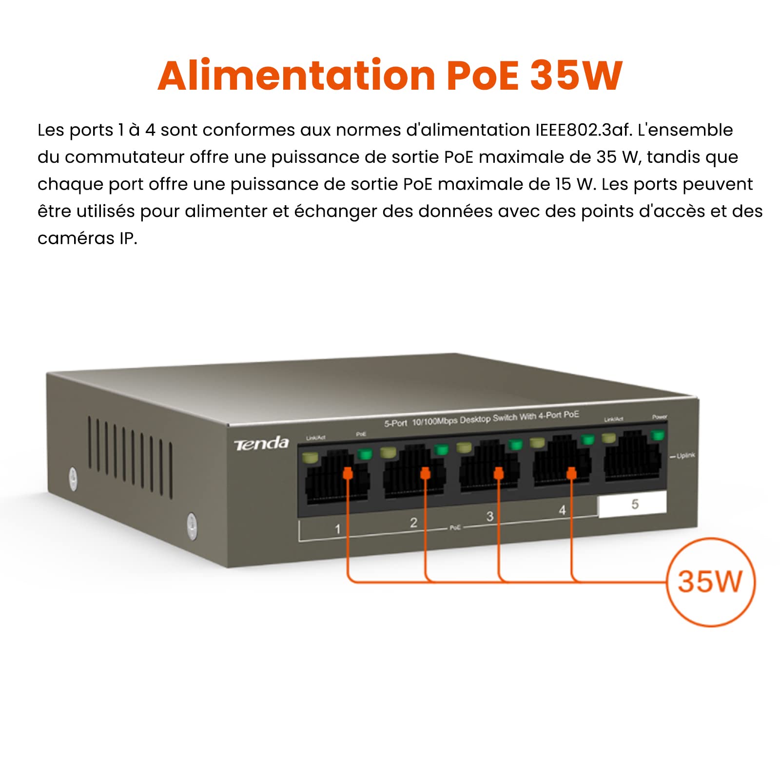 Tenda PoE Switch Ethernet 5 Ports 10/100 Mbps (TEF1105P-4-38W) Aves 4 Ports PoE 35W, IEEE 802.3af / at, Plug et Play, Format Bureau, Boîtier Métal, Idéal pour Les Projets de Surveillance IP Gris