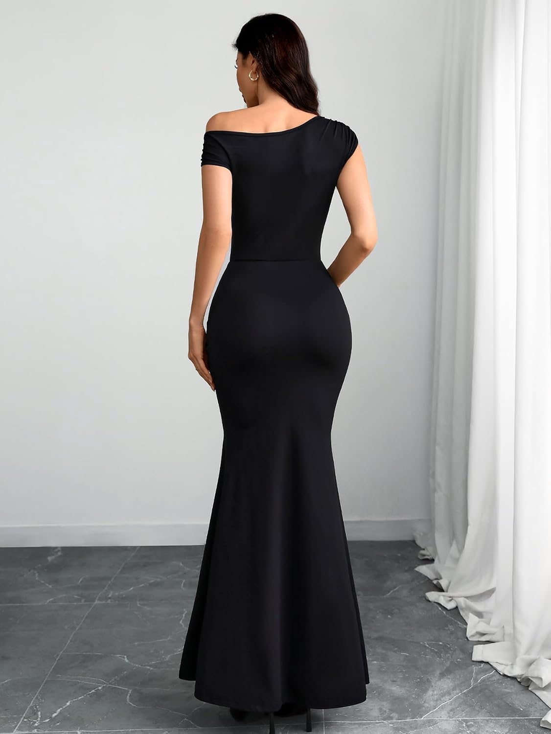 GothDark Women's Elegant Ruched Bodycon Maxi Dress One Shoulder Mermaid Gown Adjustable Buckle for Cocktail Party Formal