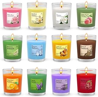 12 Packs Mixed Scented Candles in Glass, Small 2 Inch Natural Soy Wax Colored Votive Candles with 12 Fragrances for Home Wedding Party Favors Table Centerpiece, 10-15 Hours Burning