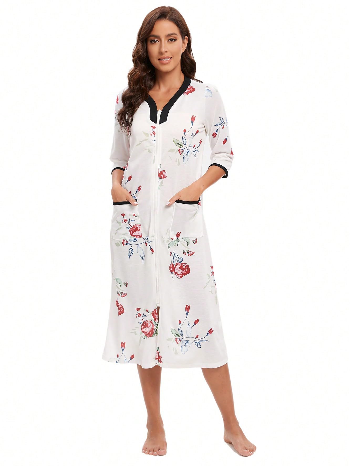 Citridarll Zip Up Robe for Women Long Housecoat Cotton Knit Bathrobes Duster Full Length Nightgown with Pockets,Red Flower on White,M