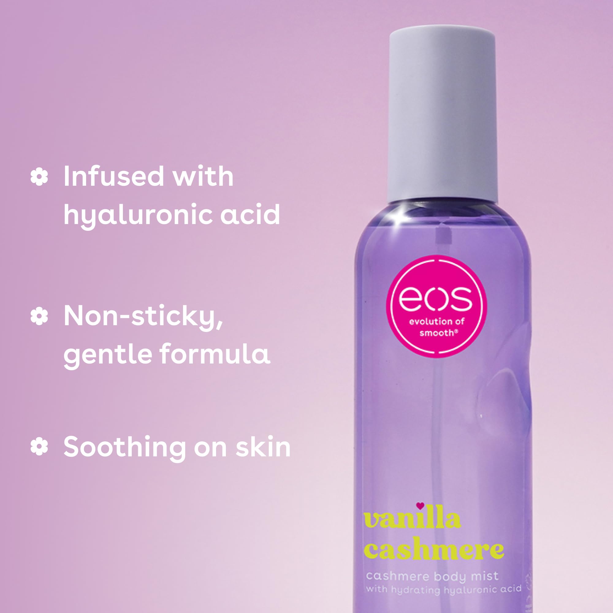eos Rocío corporal de cachemira, cachemira de vainilla, almizcle suave, caramelo acogedor, niebla para el cabello, spray corporal hidratante para mujeres, ácido hialurónico, aerosol corporal de 5