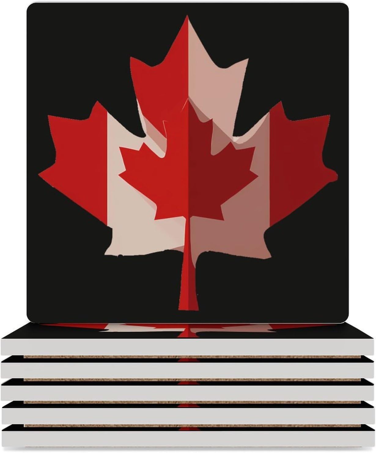 Canadian Flag Maple Leaf Coaster for Drinks Square Ceramic Table Coasters Stone Mat Crafts 6PCS Home Kitchen Decor