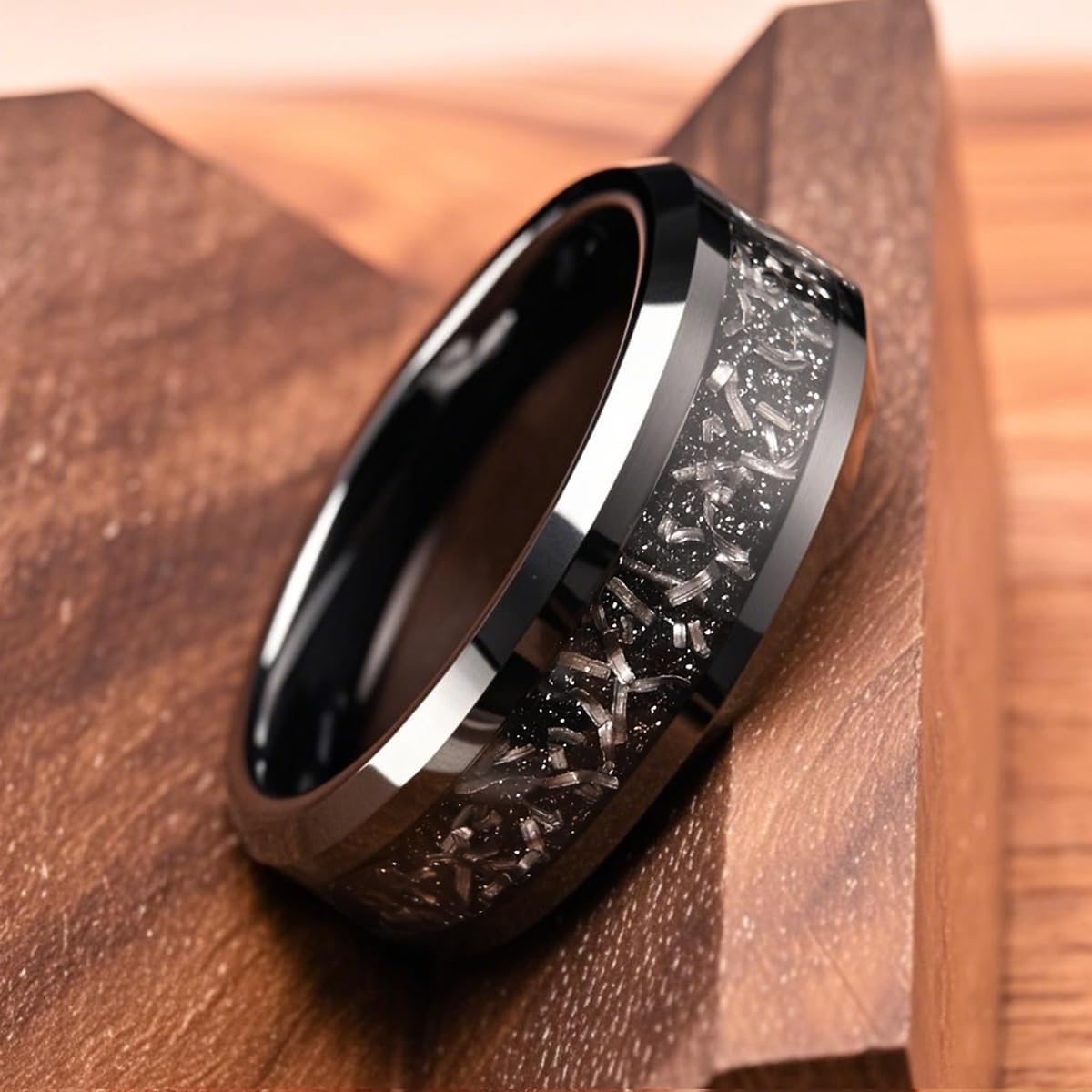 Black Tungsten Carbide Rings for Men and Women 8mm Flat Inlaid Meteorite Fragments Men's Engagement Wedding Bands High Polished Comfortable Wear - Image 4