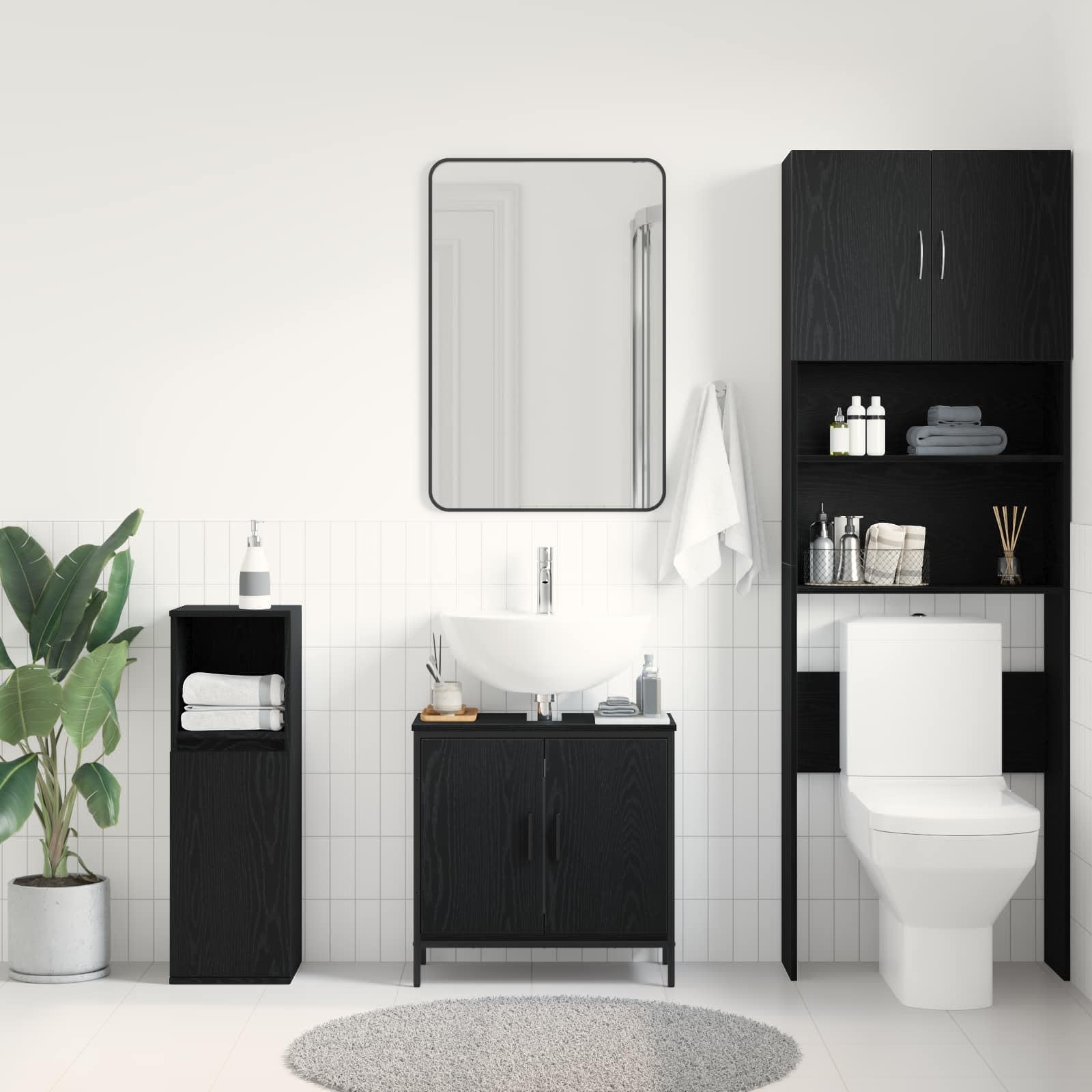 Meuble de lavabo avec porte - Aspect chêne noir - En bois - 60 x 30 x 60 cm - Montage mural - Meuble de salle de bain - Meuble de salle de bain - Commode pour invités - Étagère WC