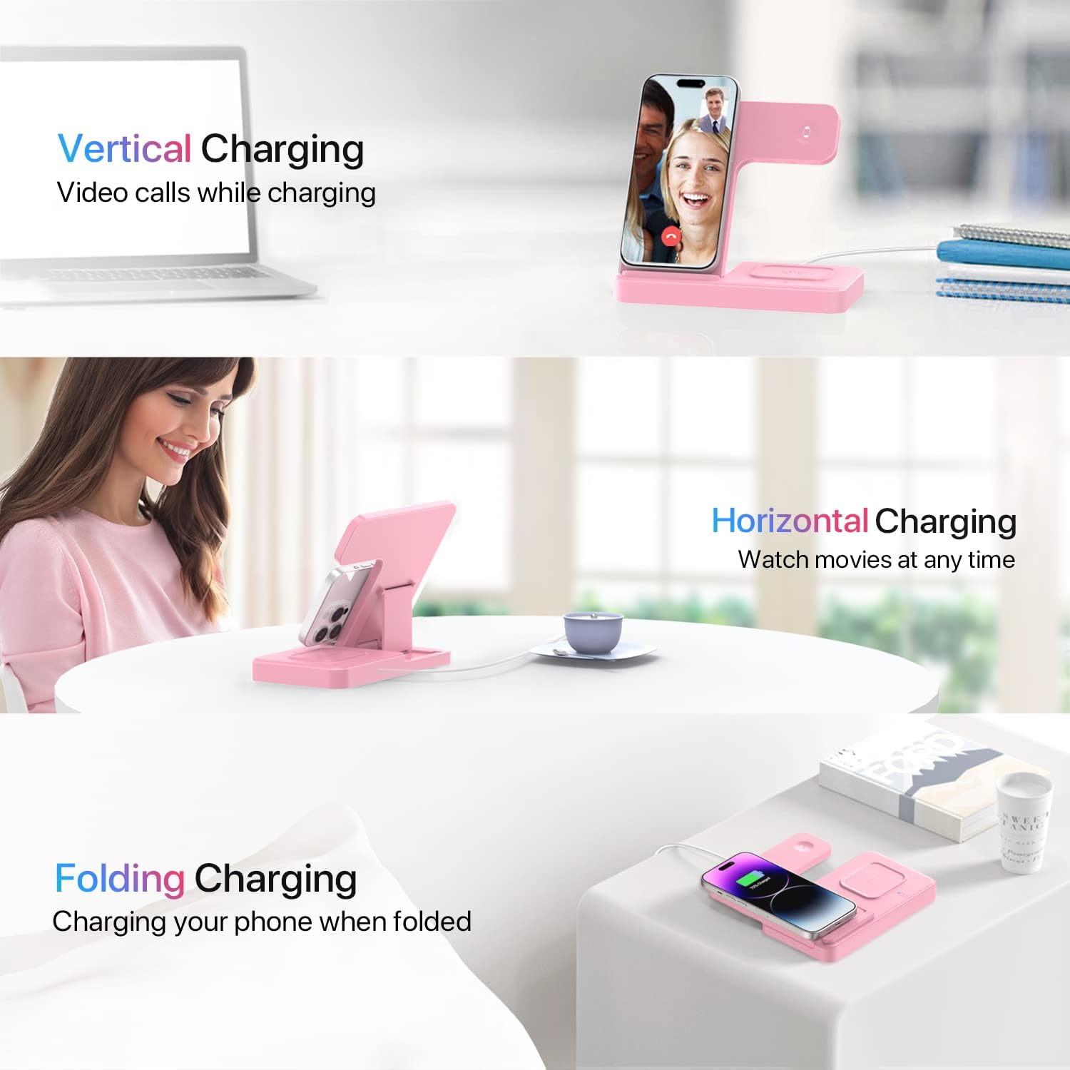 Wireless Charger for iPhone, Wireless Charging Station for Multiple Devices Apple, 3 in 1 Wireless Charger Stand Compatible with Apple Watch, iPhone & AirPods, Wireless Charging Pad with Adapter(Pink)