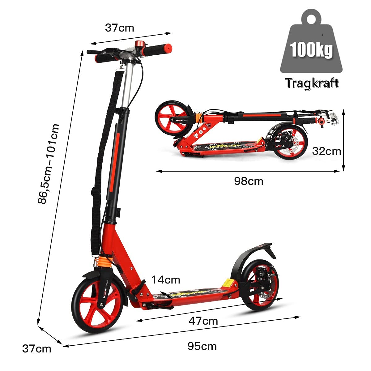 GYMAX Patinete de Acrobacias Regulable en Altura, Plegable, Ruedas de 200 mm, Patinete Deportivo con Doble Suspensión, Incluye Timbre y Correa, Soporta hasta 100 kg, para Niños y Adultos