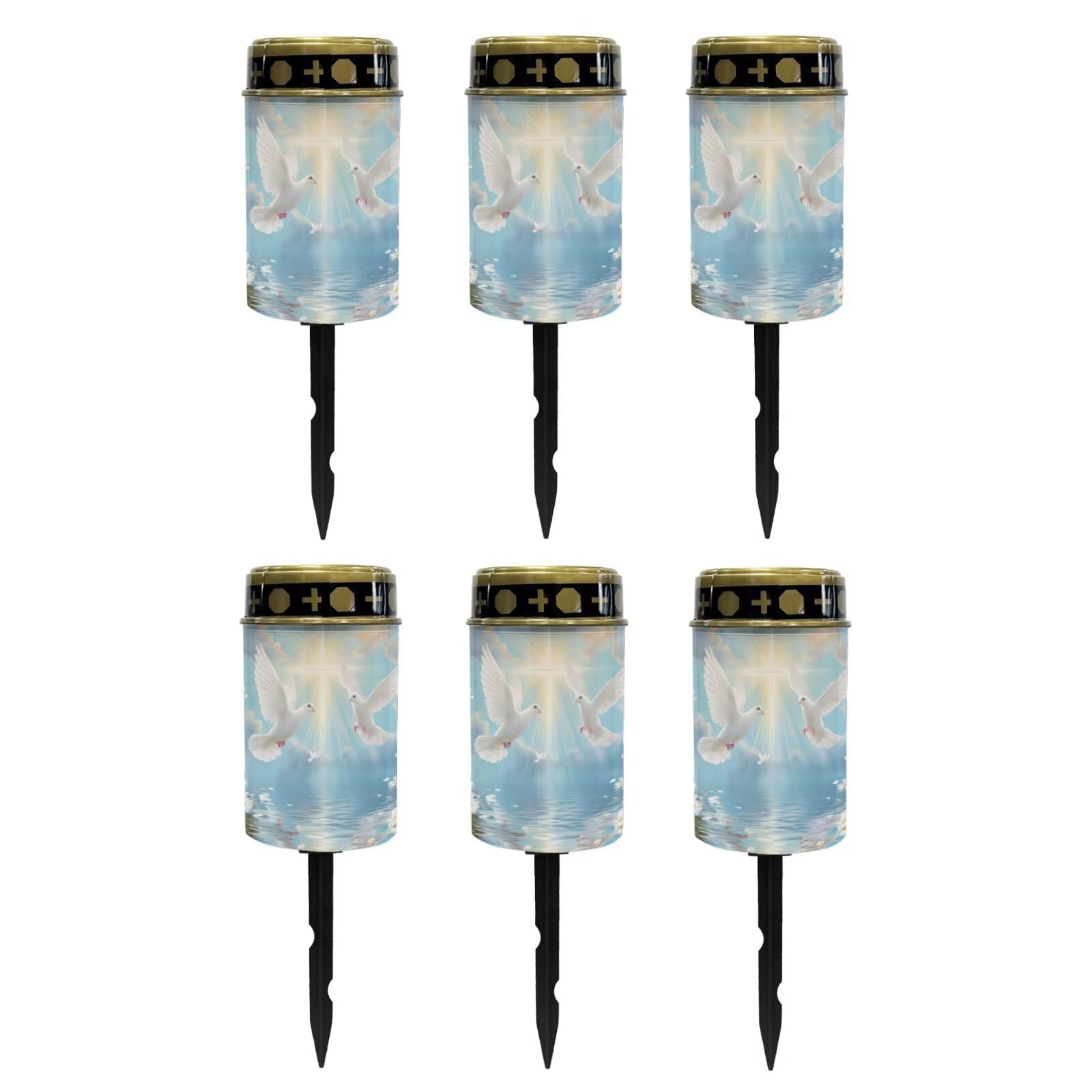 Poceacles Dove of Peace Cross Daisy Print Blue Solar Lights Outdoor Waterproof Cemetery Solar Outdoor Candle Grave Decoration Votive Candles Blessed Lights for Loss of Loves One, 6 Pieces