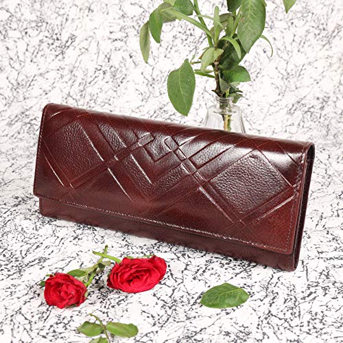 Image of Wenz Genuine Leather Women Wallets Multi-Function Slim Bifold Zipper Clutch Purse (Brown)
