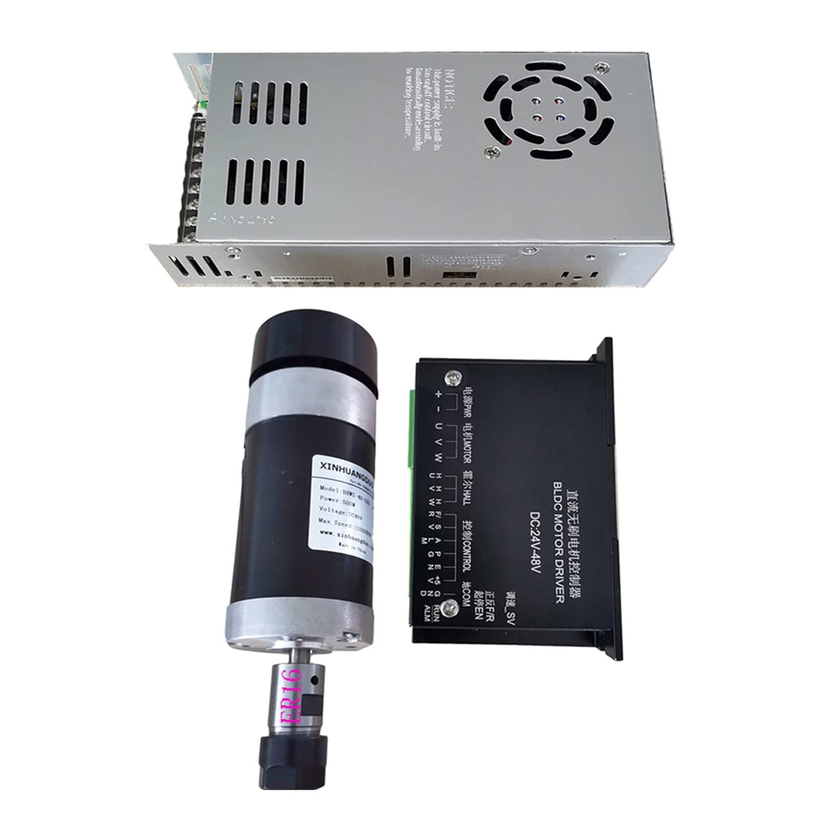 Mooilko Package6 Er16 48V 500W Er16 Brushless Spindle+57Mm Clamp With Screws+ 48V Brushless Motor Driver+48Vdc 10.5A Power Supply Smooth Running(Package6 Er16)