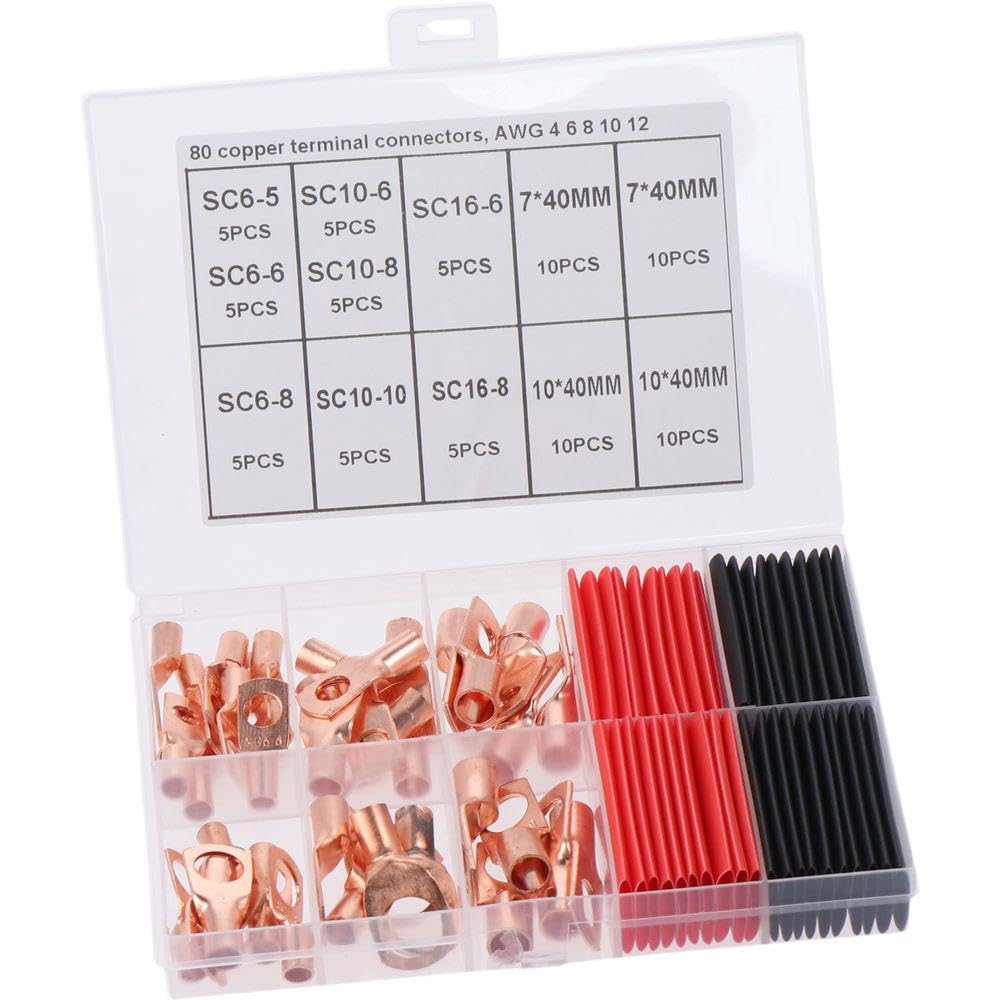 HOBBYIN 80Pcs Copper Wire Lugs Battery Terminal Connectors with Heat Shrink Set, AWG 12/10 8 6 Battery Cable Ends SC Ring Terminals Connectors, 40Pcs Battery Lugs with 40Pcs Heat Shrink Tubing Kit