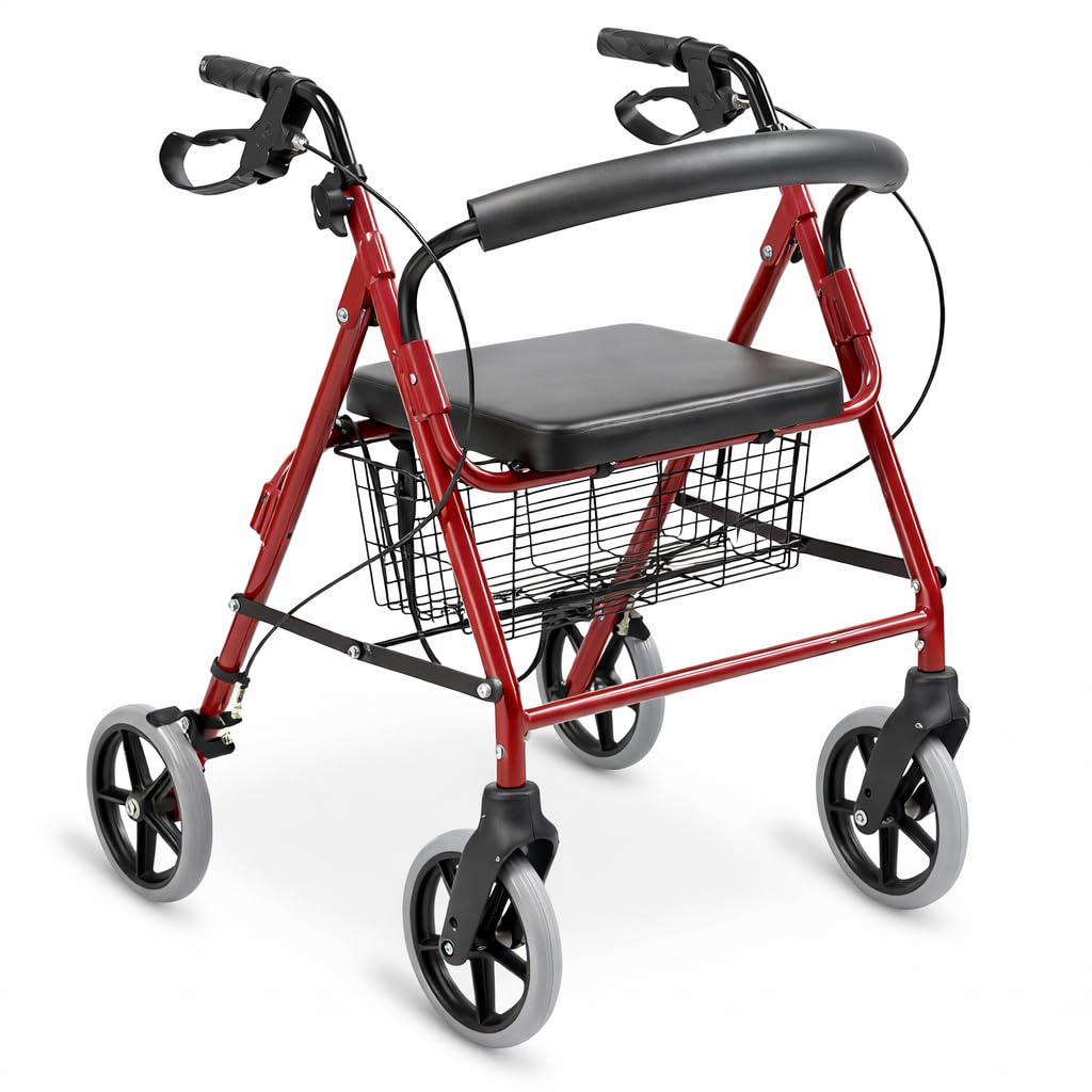 ALMA Andador para Ancianos con Asiento y 4 Ruedas, Rollator Plegable de Aluminio Ligero, Ajustable en Altura, con Respaldo, Cesta y Frenos de Maneta con Bloqueo, para Adultos y Personas Mayores