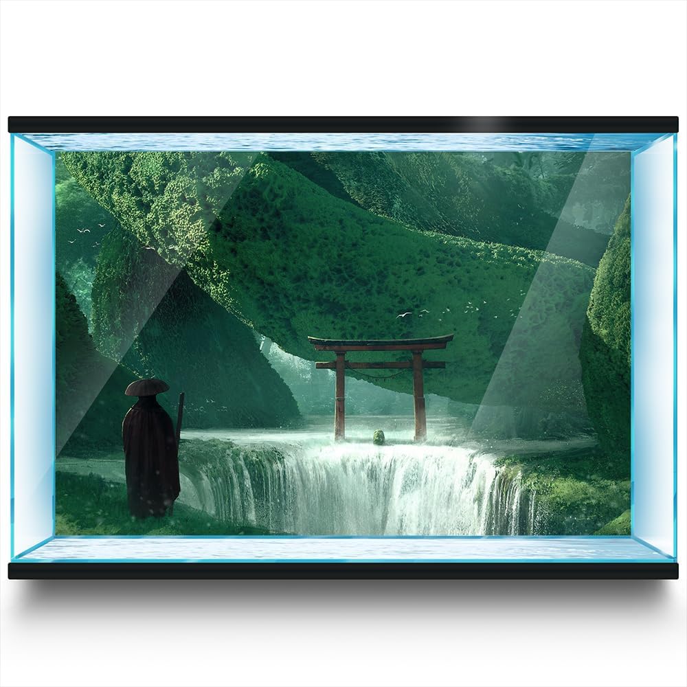 Aquarium Background Stickers - Torii, Waterfall, Green - Fish Tank Reptile Terrarium Decor Poster (90 x 60 cm / (35.4 x 23.6 inches))