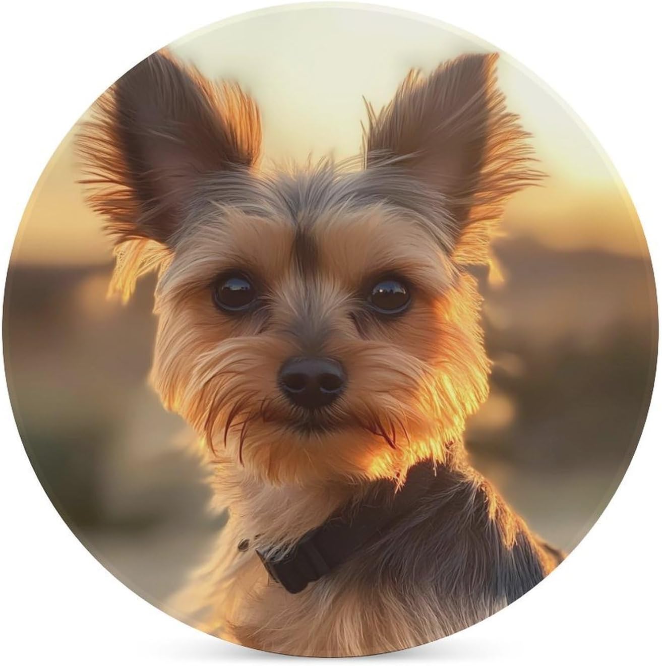 Yorkshire Terrier Dog Sunset Round Ceramic Coasters Print Drinks Absorbent with Cork Base for Home Decor Gifts 4 Inch