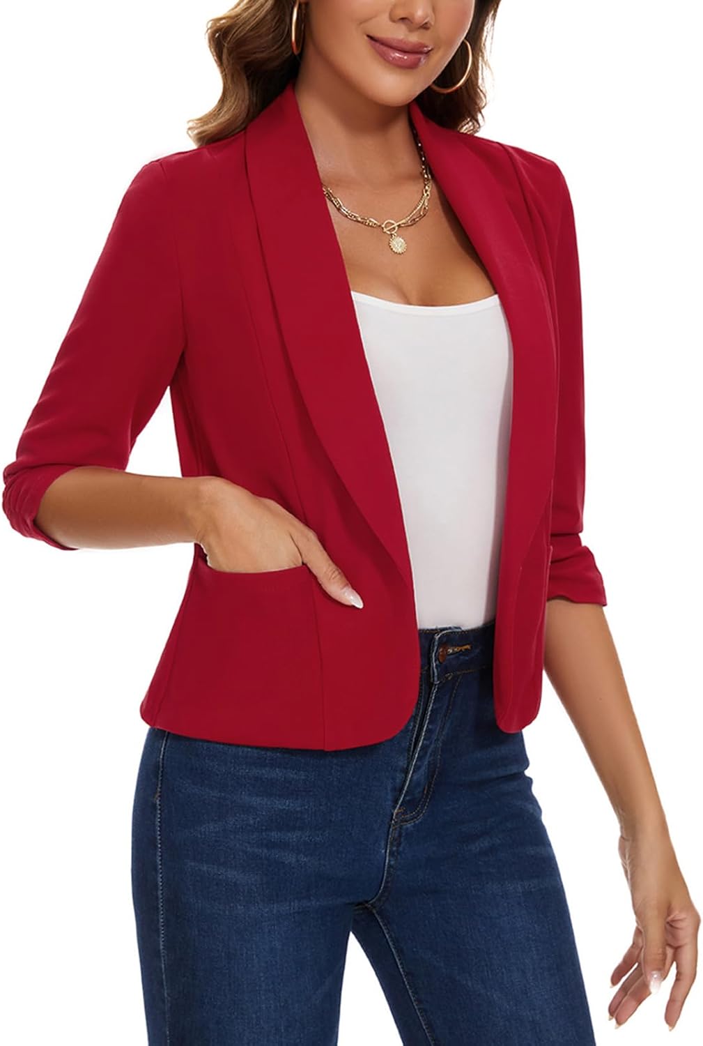 MINTLIMIT Womens 3/4 Sleeve Lightweight Office Work Suit Stretchy Jacket Draped Lapel Blazer with Pockets (Red, Size M)