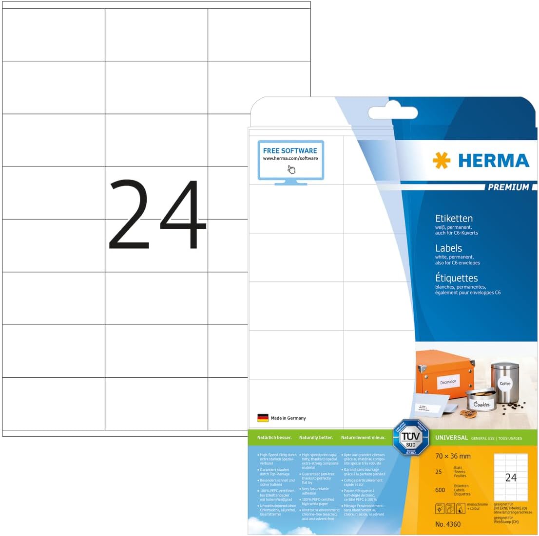 Herma 4360 Labels 70x36 mm – Total 100 Sheets DIN A4, Round Quality, White